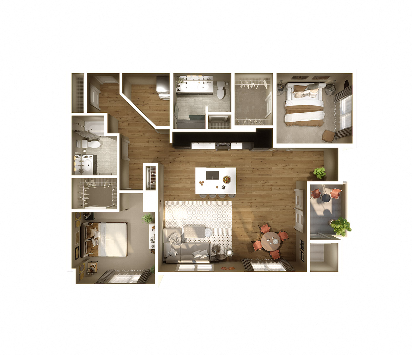 Floor plan for 2 beds, 2 baths, 1309 sqft
